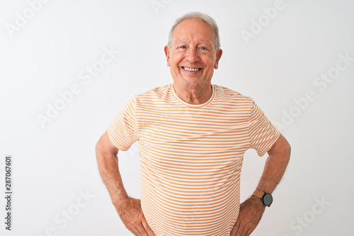 Senior grey-haired man wearing striped t-shirt standing over isolated white background with a happy and cool smile on face. Lucky person.