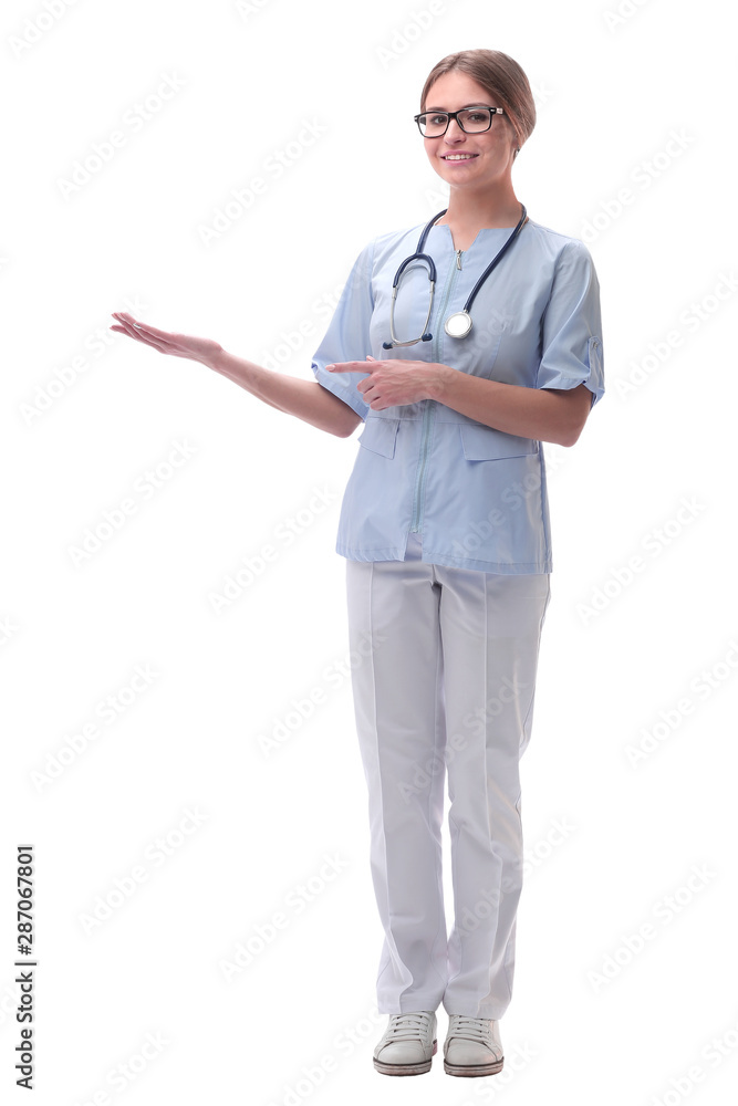 friendly woman doctor looking at copy space. isolated on white friendly woman doctor looking at copy space. isolated on white
