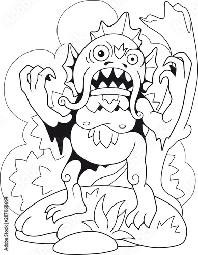 cartoon scary swamp monster, coloring book, funny illustration