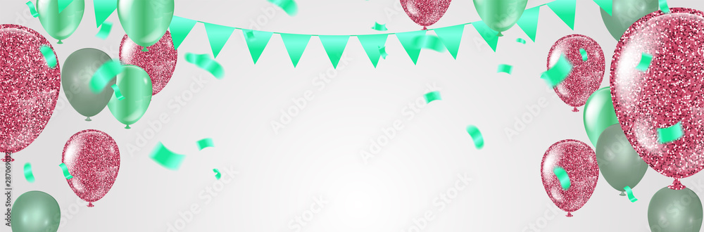 Vector happy birthday card with green balloons, party invitation. Vector happy birthday card with green balloons, party invitation.