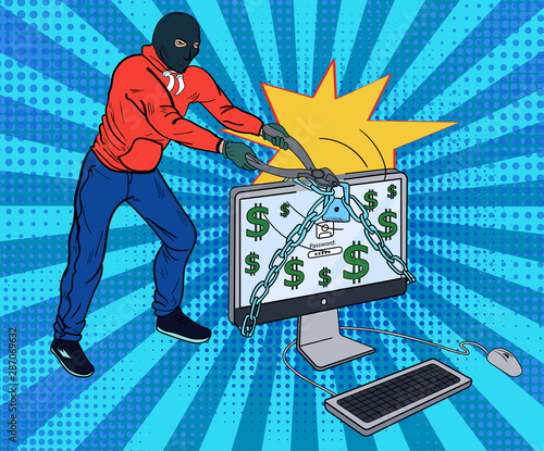 Hacker breaking open a security lock on a computer with dollar icons on the screen using a large pair of cutters in a concept of cyber crime, theft and hacking, Pop Art Vector illustration