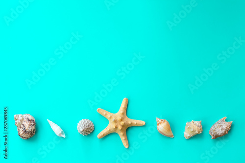 Blue background made of many seashells and star fish with copy space