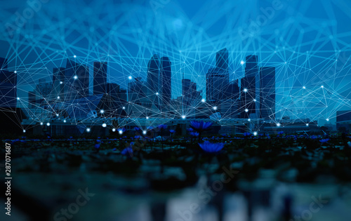 Photography Wireless network and Connection technology concept with Abstract Singapore city