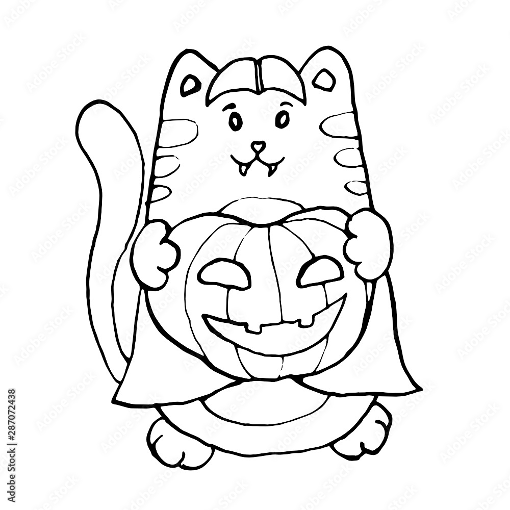 Cute vampire cat with pumpkin in his paws. Hand-drawn vector illustration for Happy Halloween. Isolated on white. Halloween party, card, poster. Cute vampire cat with pumpkin in his paws. Hand-drawn vector illustration for Happy Halloween. Isolated on white. Halloween party, card, poster.