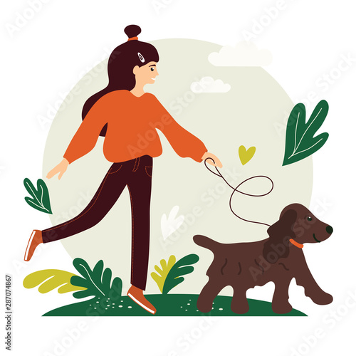 Young cute girl walking with a dog. Vector illustration for service of pet sitter, walker, vet clinic, pet care, hospital, dog shelter. Design template for poster, booklet, banner, flyer, web, advert