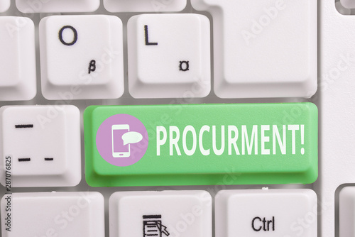 Writing note showing Procurment. Business concept for action of acquiring military equipment and supplies Keyboard with note paper on white background key copy space photo