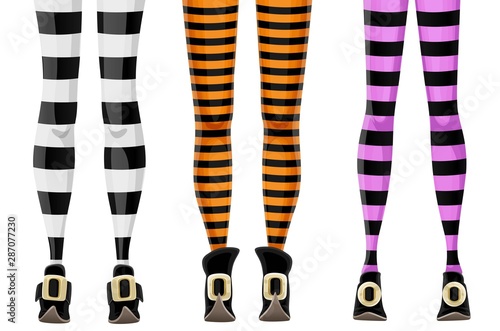 Various cartoon slim witch legs in striped stockings isolated on a white background