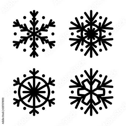 Fototapeta Naklejka Na Ścianę i Meble -  Snowflake black silhouette icon set. Isolated, white background. Vector illustration. Applicable as a decorative element for Xmas designs, winter weather concepts etc.