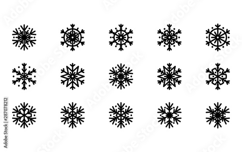 Vector illustration, snowflake icon set. Isolated black silhouette on white background. Applicable as a decorative element for Xmas designs, winter weather concepts etc.
