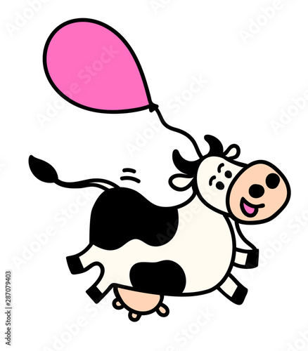 Vector illustration, line, sketched, doodled running or flying spotted cow with air balloon. Hand drawn, isolated, with 