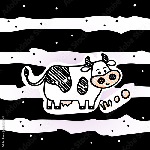 Vector illustration, line cartoon standing spotted cow. Hand drawn, paper (cut) art style, striped background. With "MOO" lettering. Applicable for package, poster, label designs, banners, flyers etc.
