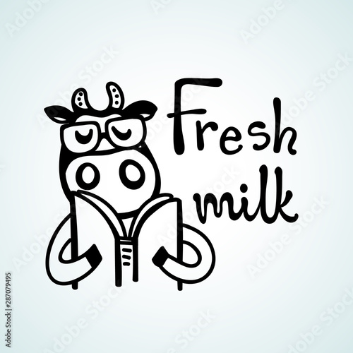 Vector illustration, line cartoon cow wearing glasses and reading book. Hand drawn, black outline. 
