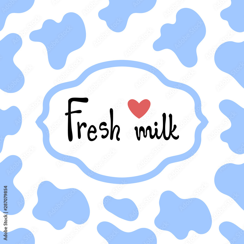 Fresh milk hand drawn lettering black silhouette with heart. Rough doodle style, blue cow print background vector illustration.