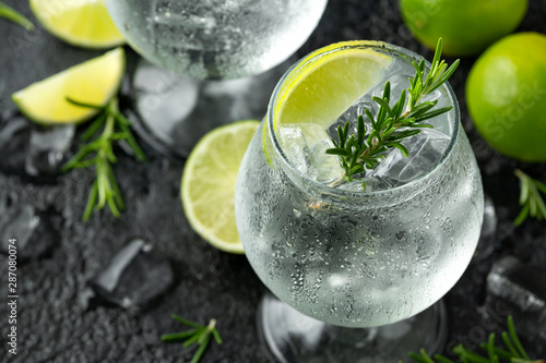 Gin and Tonic Alcohol drink with Lime, Rosemary and ice on rustic black table photo