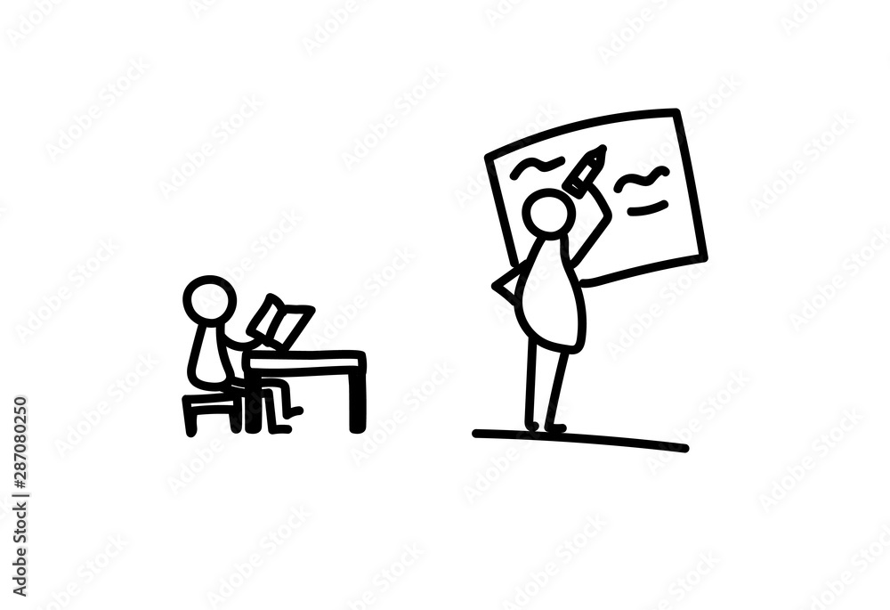 Vector illustration, business scribing doodle. Teacher with student at school making lesson.