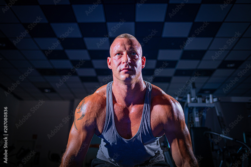 a well-trained strength athlete performs sports exercises in a fitness studio a well-trained strength athlete performs sports exercises in a fitness studio