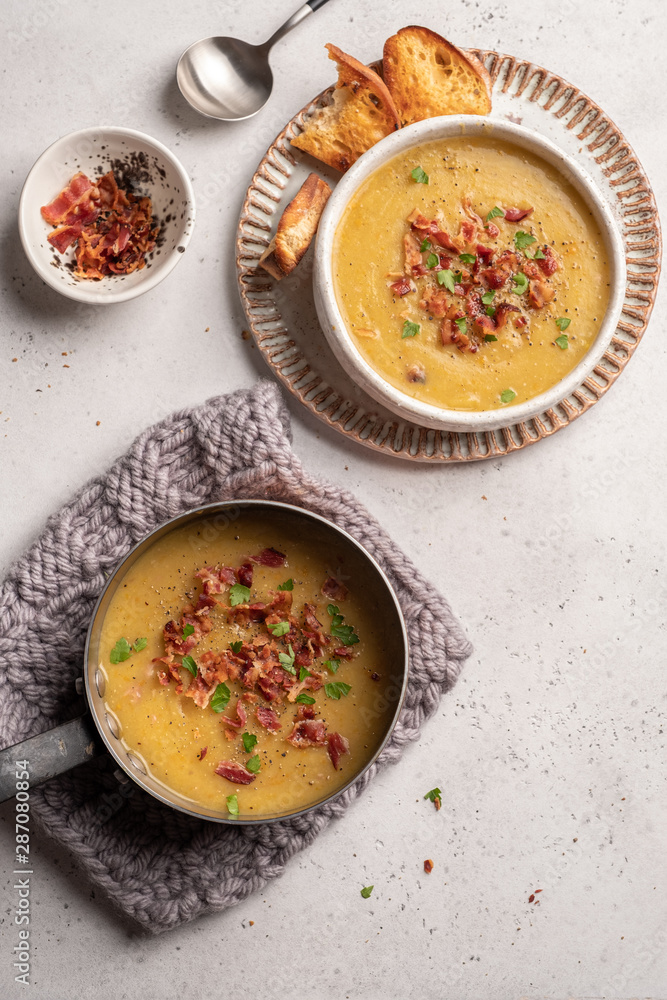 Lentil pea soup garnish with bacon and pork ribs Lentil pea soup garnish with bacon and pork ribs