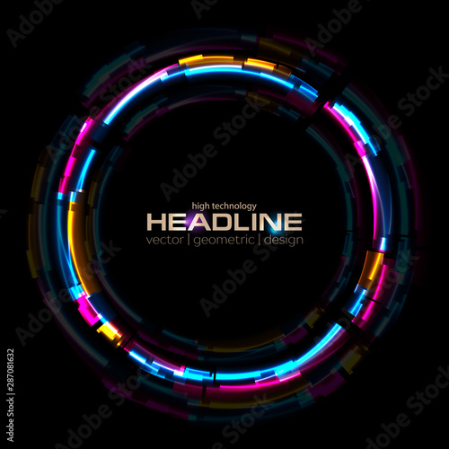 Abstract colorful glowing neon circle tech background. Laser glitch effect retro graphic design. Vector illustration