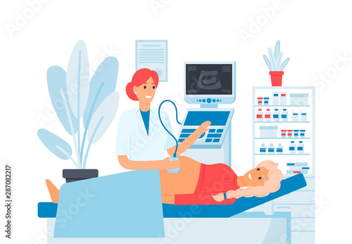 Banner illustration with pregnant woman at a consultation with a doctor, on ultrasound. 