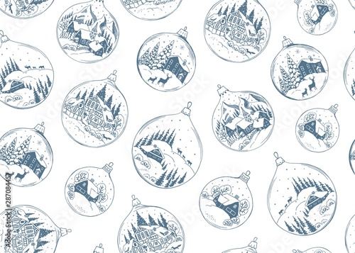 Seamless holiday pattern with Christmas balls blue color, vector illustration with drawing landscape, houses and animals in vintage style. © Nikole