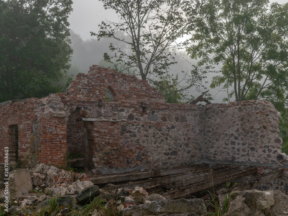 old house ruins, fog landscape, lake shore in fog, blurred landscape