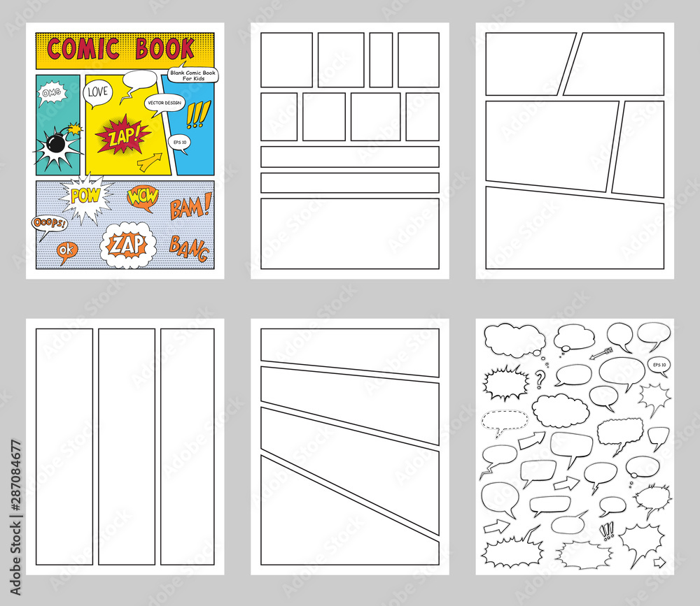 Naklejka premium comic book Blanks set, text speech bubbles , Comic magazine cover Template, strip page mock up
