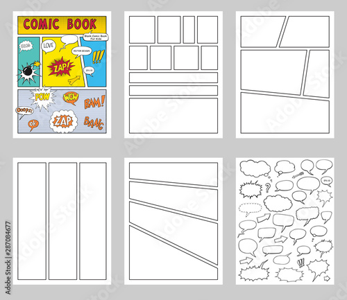 comic book Blanks set, text speech bubbles , Comic magazine cover Template, strip page mock up