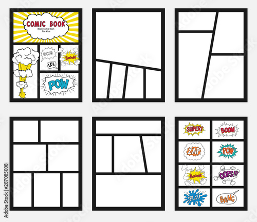 comic book Blanks set, text speech bubbles , Comic magazine cover Template, strip page mock up