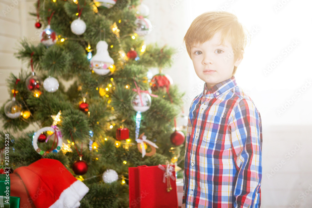 Little boy decorating the Christmas tree at home Little boy decorating the Christmas tree at home