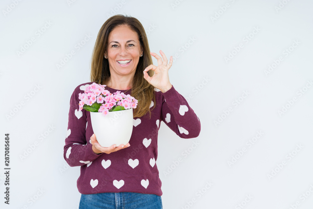 Middle age woman holding flowers pot plant over isolated background doing ok sign with fingers, excellent symbol Middle age woman holding flowers pot plant over isolated background doing ok sign with fingers, excellent symbol