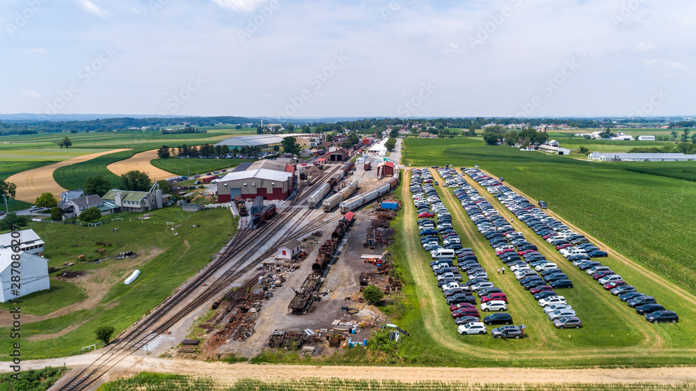 Aerial View of Train Yard Waiting for Trains