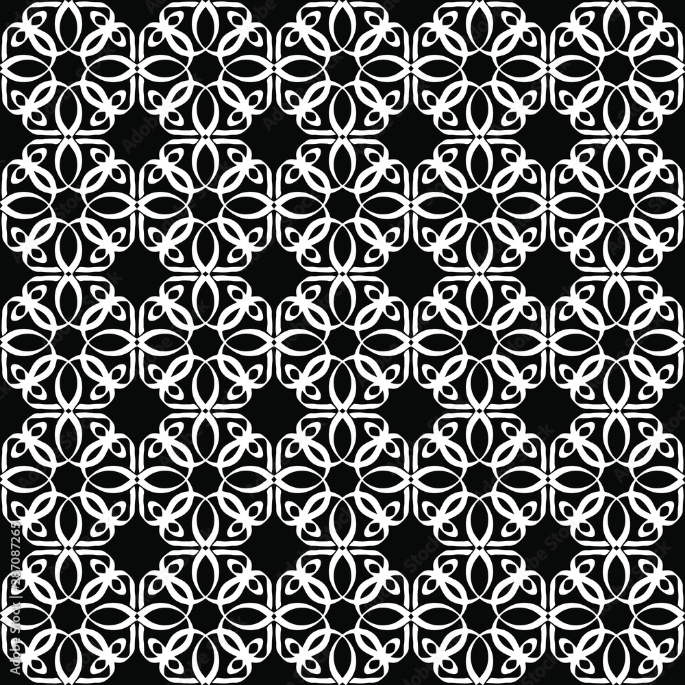 Seamless oriental pattern with Arabic ornaments. White lines on a black background. Seamless oriental pattern with Arabic ornaments. White lines on a black background.