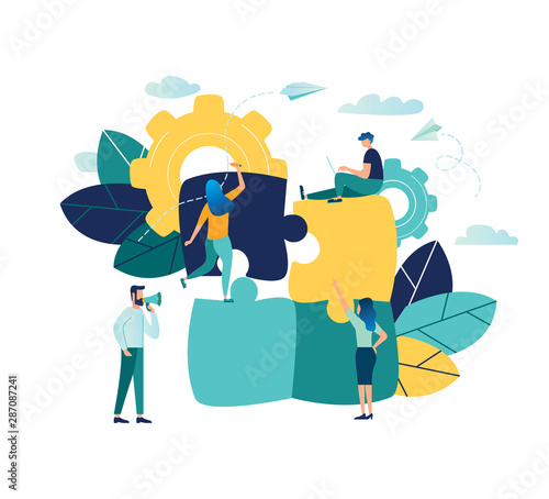 Vector illustration, joint teamwork in the company, people push details of puzzles, business leader contraces the construction process
