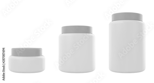 White plastic jar with cap and lable. Realistic vector protein mockup. Design template.