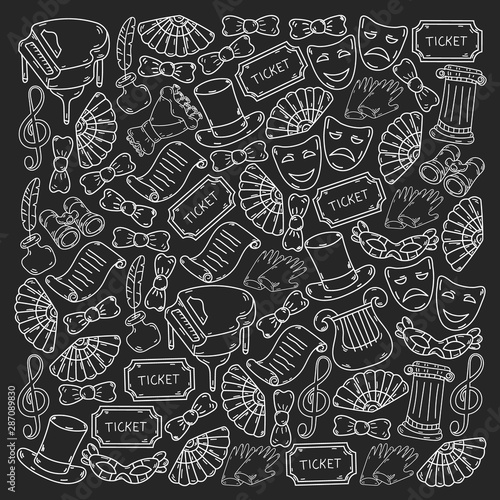 Hand drawn doodles Theatre set Vector illustration acting performance elements Ticket Masks Curtain