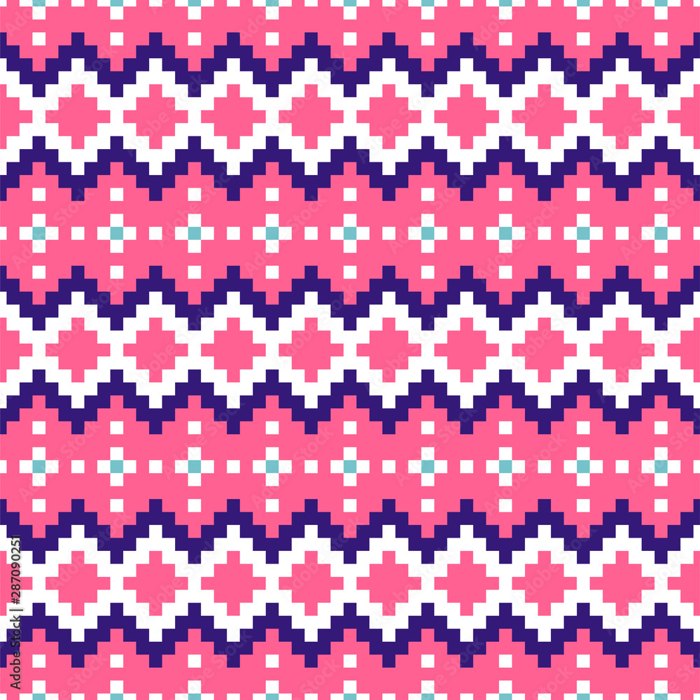 Geometric seamless pink chevron pattern pixel blocks shapes texture.