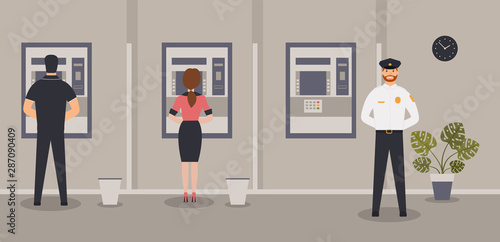 Bank office interior: Bank clerks sit behind barrier with glass, ATM or cash machine.Elegant interior financial institution. Hall with bank counter with clients and security guard. Vector illustration