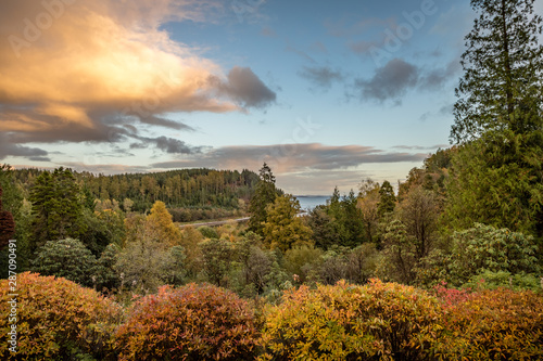 Clouds start to turn orange at sunset looking out over the calm water and bright fall colors near Stonefield Castle in Argyll and Bute Scotland United Kingdom