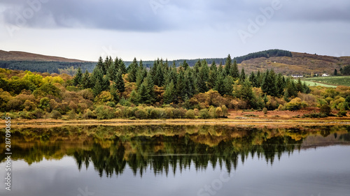 Glassy water reflects sharp green pine trees and rusty orange deciduous trees as seen from the Calmac Ferry near Kennacraig Scotland © Chris Anderson 