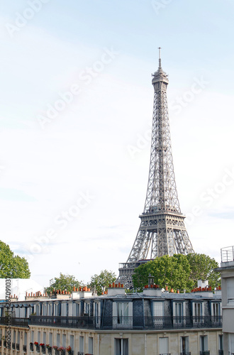Old buildings with trees on the roof in front of the Eiffel Tower in Paris