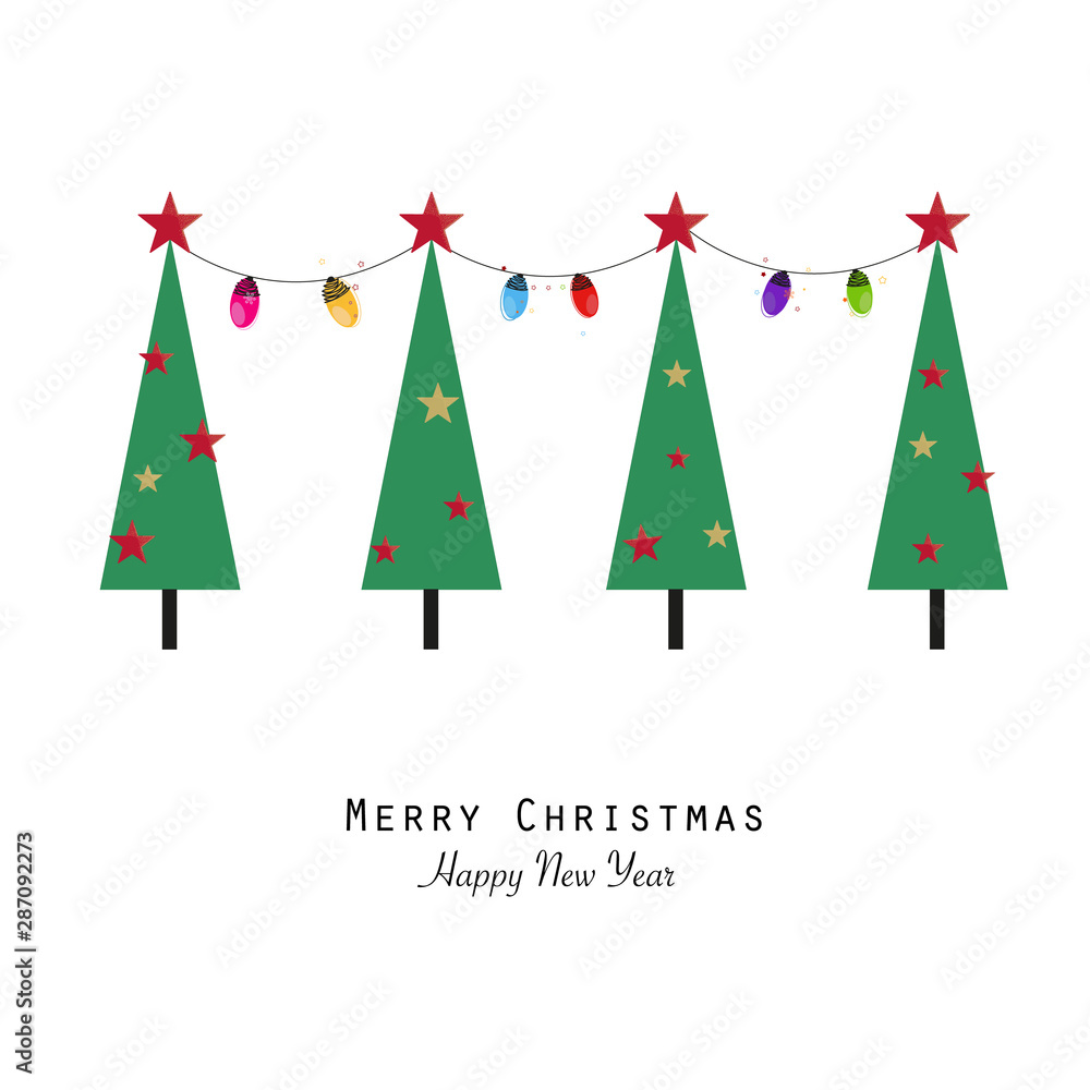 Christmas tree and hanging lightt bulb. Happy new year and merry Christmas greeting card Christmas tree and hanging lightt bulb. Happy new year and merry Christmas greeting card
