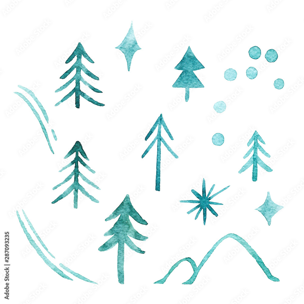 Obraz premium Set of green fir trees, snowflakes, ski track, hills, star isolated on white background. Christmas trees. Happy New Year background. Winter holidays. Design for card, invitation, party.