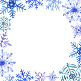 Frame card with hand drawn watercolor colorful  snowflakes isolated on white  background.  Design for seasons greeting cards or banner, invitation.