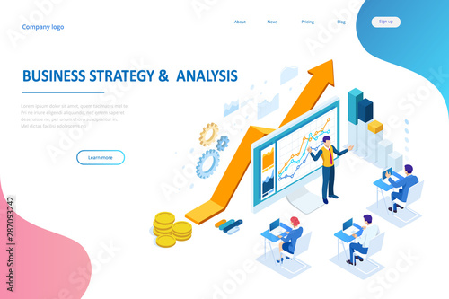 Isometric web business concept of financial administration, accounting, analysis, audit, financial report. Auditing tax process. Documents, graphics, charts, planner, calendar, report.