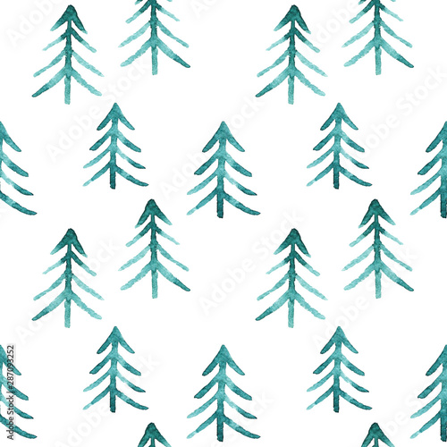 Watercolor green fir tree seamless pattern on white background. Christmas trees. Happy New Year background. Winter holidays. Design for textile  wrapping  wallpaper  paper.