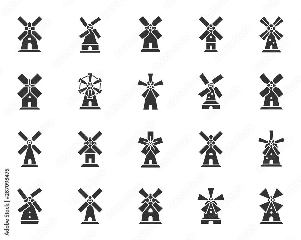 Vintage Windmill black silhouette icons vector set - obrazy, fototapety, plakaty 
