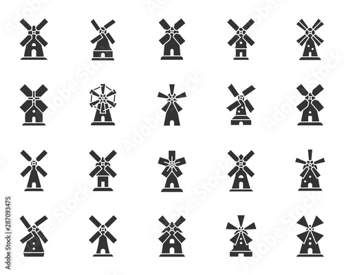 Vintage Windmill black silhouette icons vector set