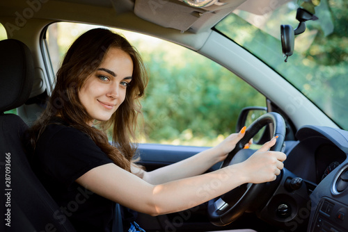 Portrait of beautiful young woman in the new car