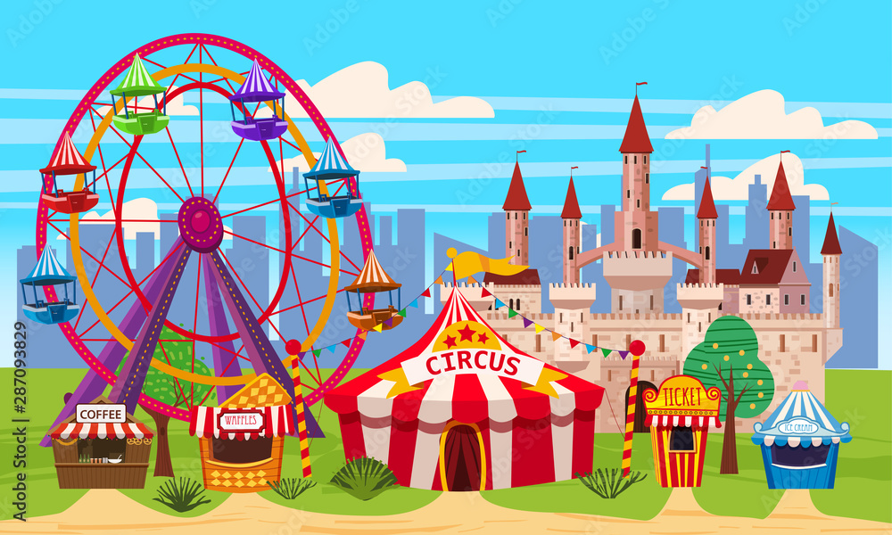 Amusement park, a landscape with a circus, carousels, carnival, attraction and entertainment