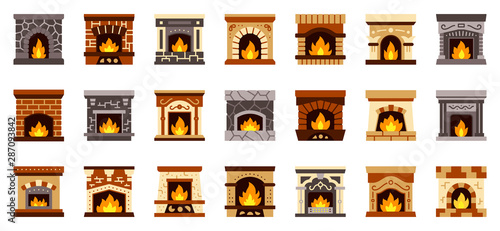Fireplace christmas fire flat icon vector set